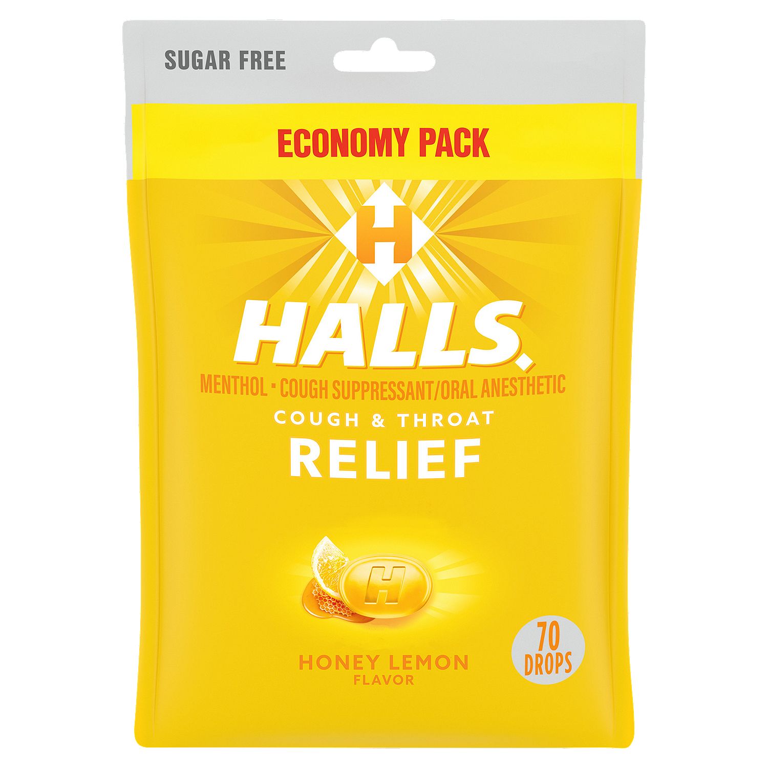 Halls Honey Lemon Flavor Menthol Cough &amp; Throat Relief Drops Economy Pack, 70 count