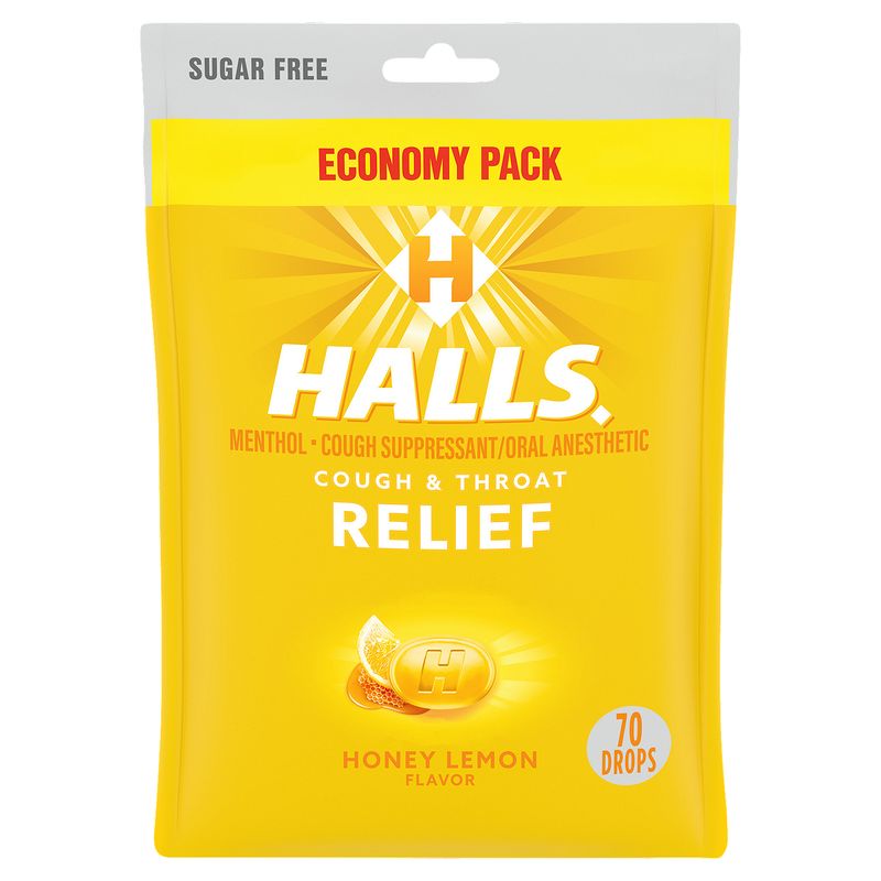 Halls Honey Lemon Flavor Menthol Cough &amp; Throat Relief Drops Economy Pack, 70 count