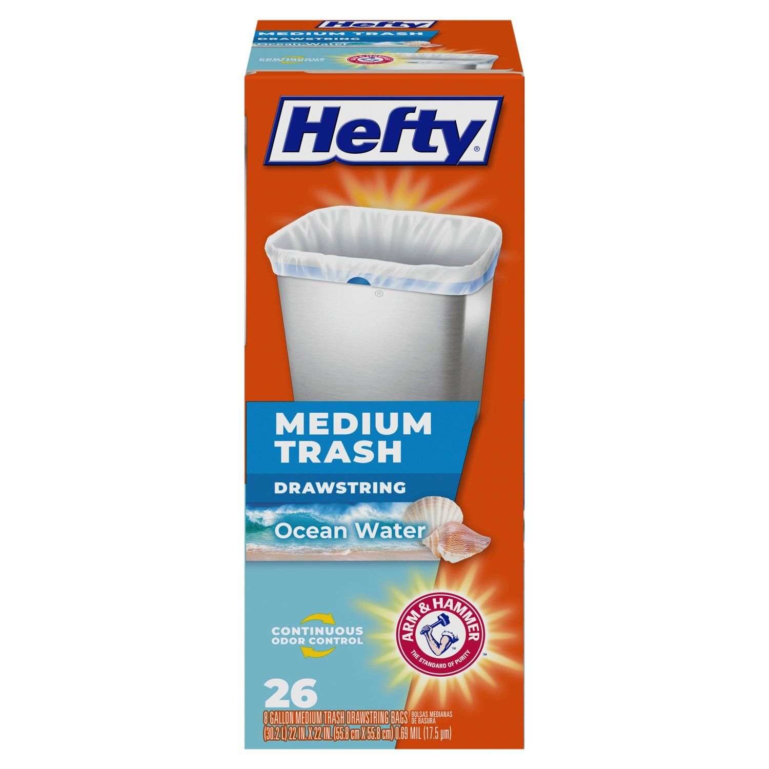 Hefty Ocean Water 8 Gallon Medium Trash Drawstring Bags, 26 count