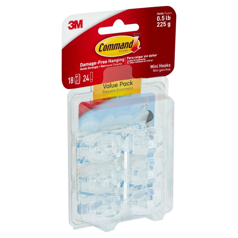 Command™ Clear Mini Hooks, Clear, 18 Hooks, 24 Strips/Pack