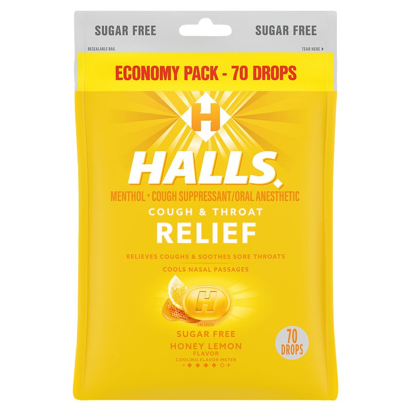 Halls Honey Lemon Flavor Menthol Cough &amp; Throat Relief Drops Economy Pack, 70 count