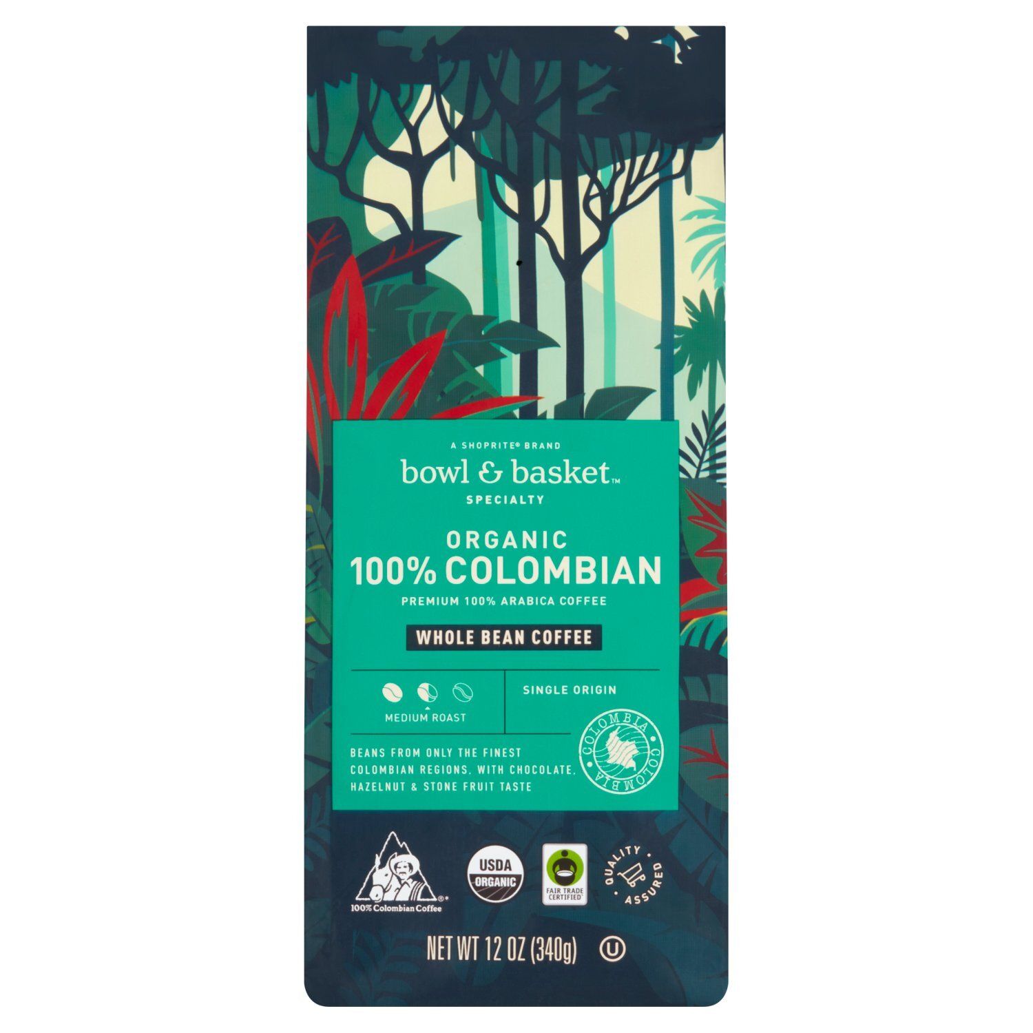 Bowl &amp; Basket Specialty Medium Roast Organic 100% Colombian Whole Bean Coffee, 12 oz