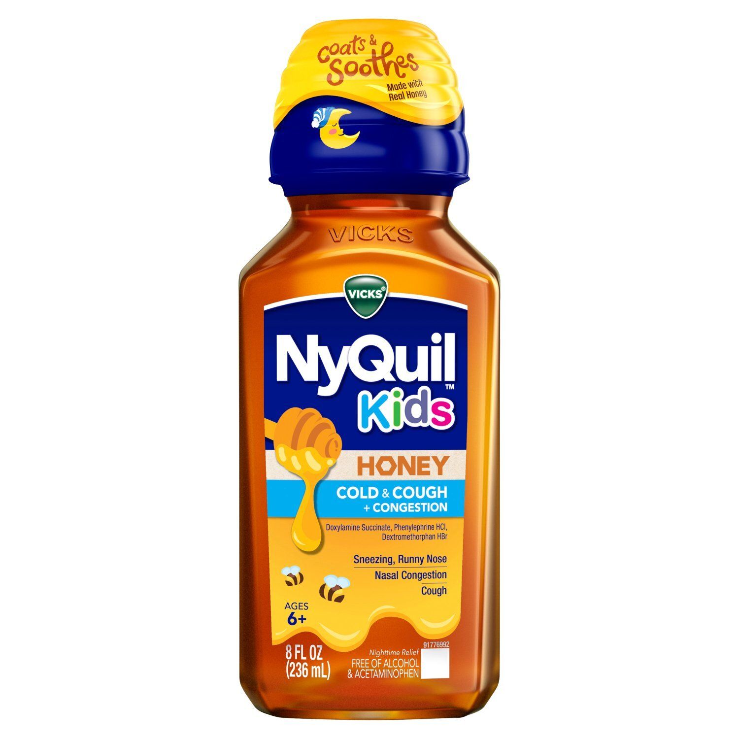 VICKS NyQuil Kids Honey Cold &amp; Cough + Congestion Nighttime Relief Liquid, Ages 6+, 8 fl oz