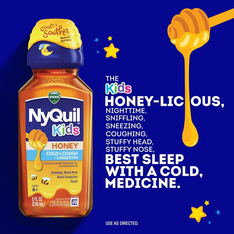VICKS NyQuil Kids Honey Cold &amp; Cough + Congestion Nighttime Relief Liquid, Ages 6+, 8 fl oz