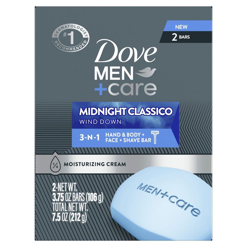 Dove Men+Care Midnight Classico Wind Down 3-N-1 Hand &amp; Body + Face + Shave Bar, 3.75 oz, 2 count