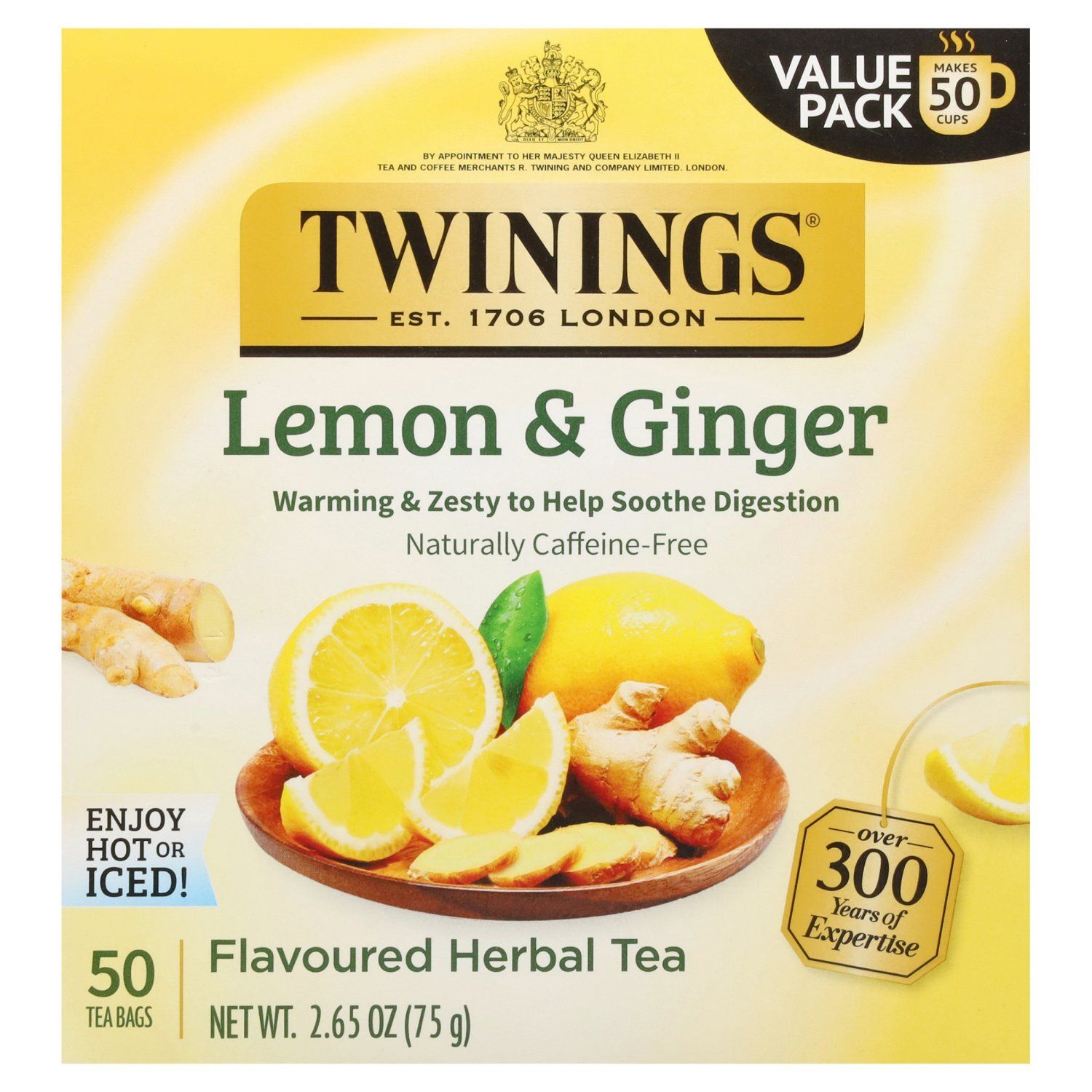 Twinings Lemon &amp; Ginger Flavoured Herbal Tea Bags, 50 count, 2.65 oz