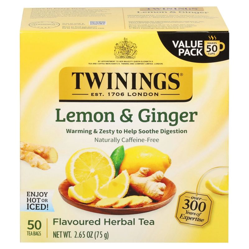 Twinings Lemon &amp; Ginger Flavoured Herbal Tea Bags, 50 count, 2.65 oz