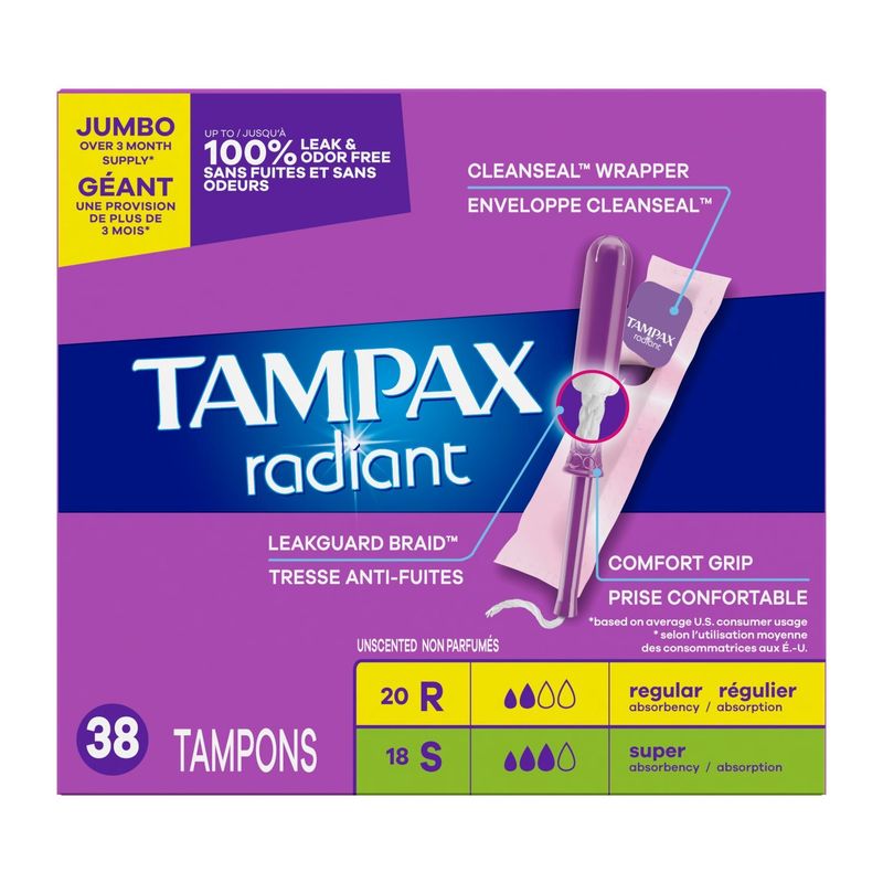 Tampax Radiant Tampons Multipack, with LeakGuard Braid, Regular/Super Absorbency, Unscented, 38 Cou