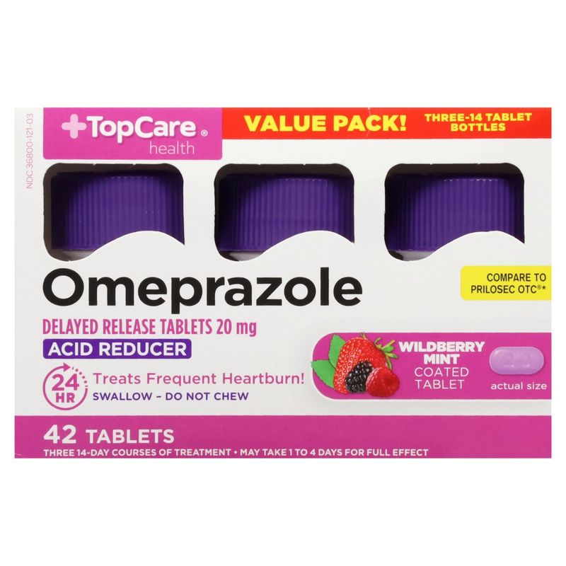 TopCare Omeprazole Acid Reducer Wildberry Mint Coated Tablets Value Pack!, 20 mg, 42 count