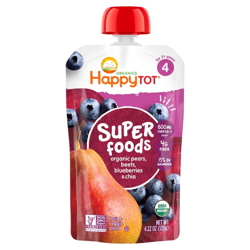 Happy Tot Organics Superfoods Stage 4 Organic Pears, Beets, Blueberries + Super Chia Pouch 4.22 oz.