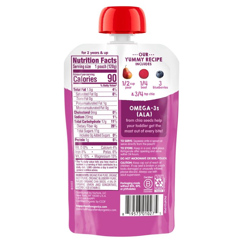 Happy Tot Organics Superfoods Stage 4 Organic Pears, Beets, Blueberries + Super Chia Pouch 4.22 oz.