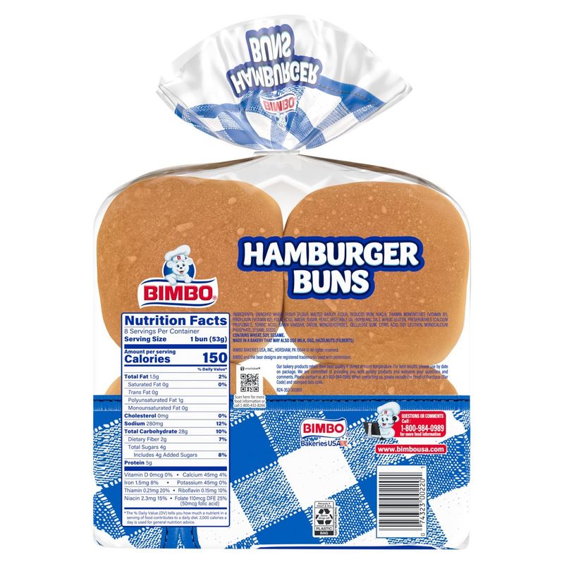 Bimbo Hamburger Buns, 8 count, 15 oz