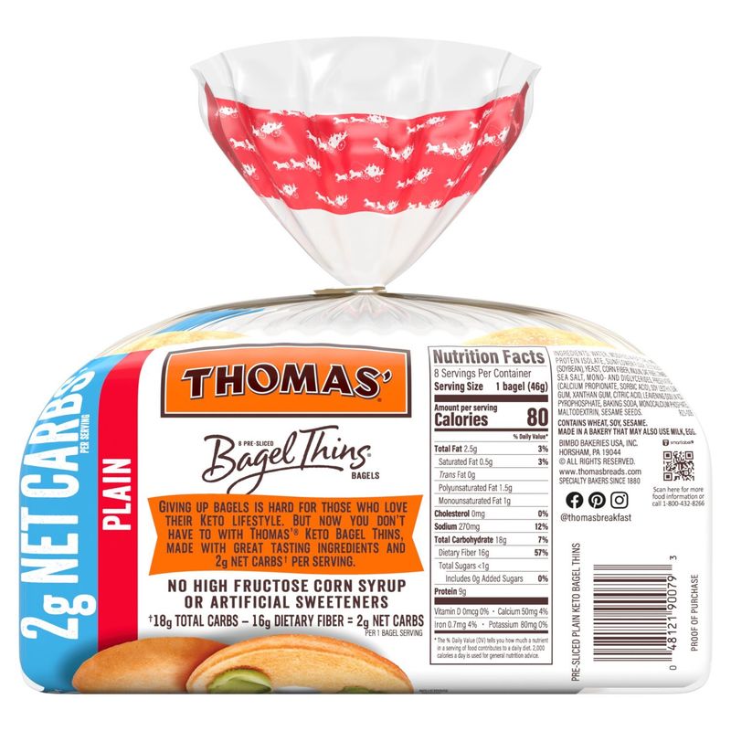 Thomas' Bagel Thins Keto Plain Pre-Sliced Bagels, 8 count, 13 oz