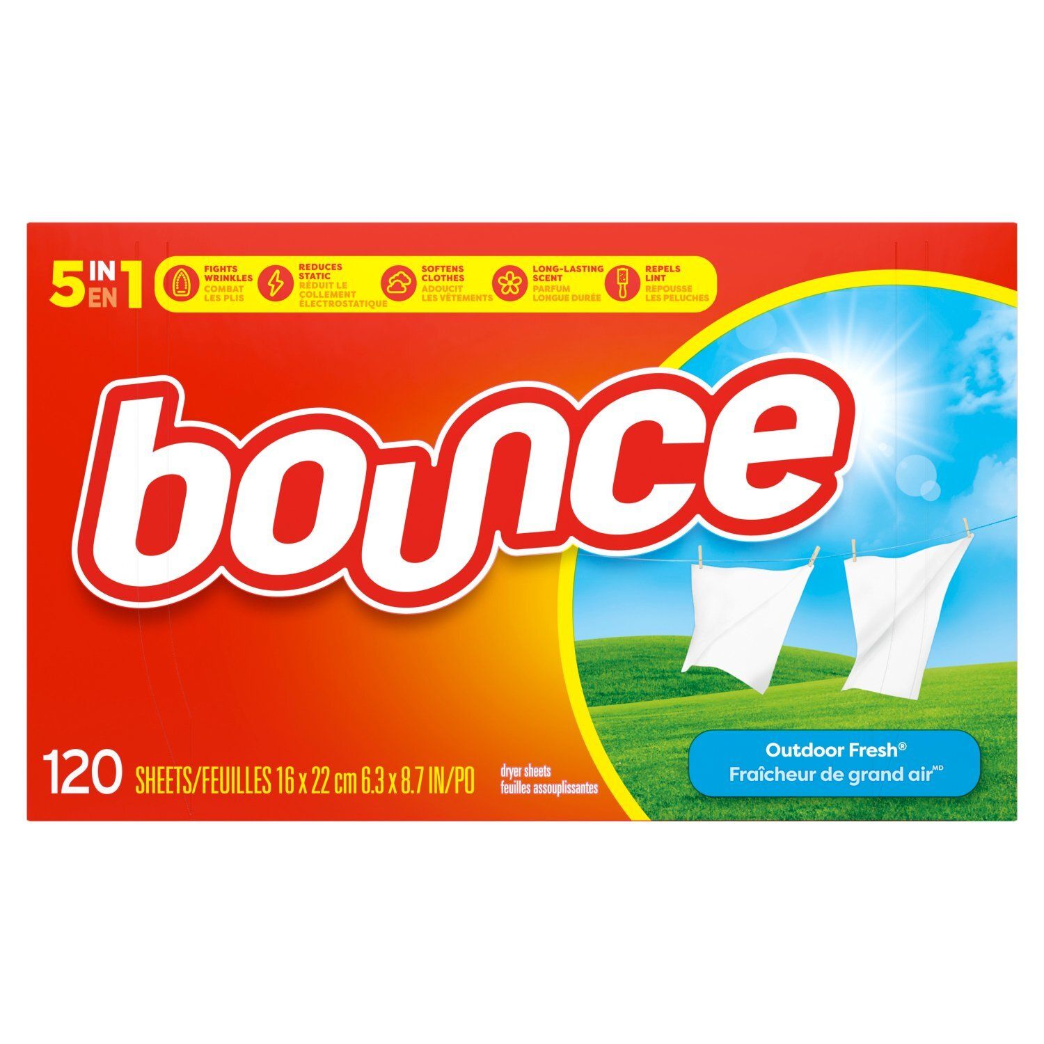 Bounce 5 in 1 Outdoor Fresh Dryer Sheets, 120 count