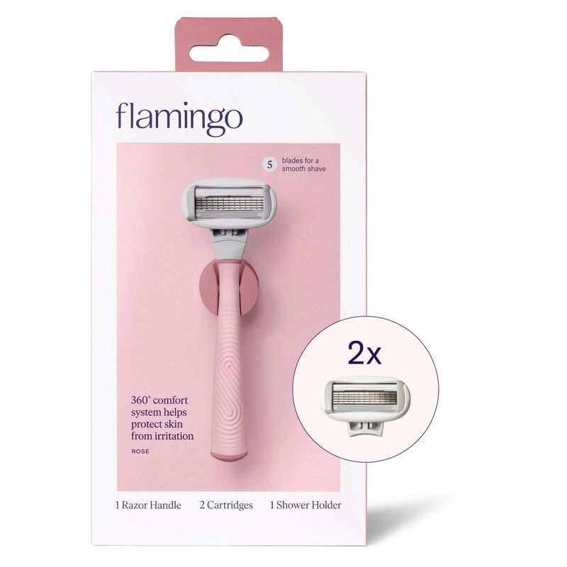 Flamingo Rose Razor Handle, Cartridges, &amp; Shower Holder