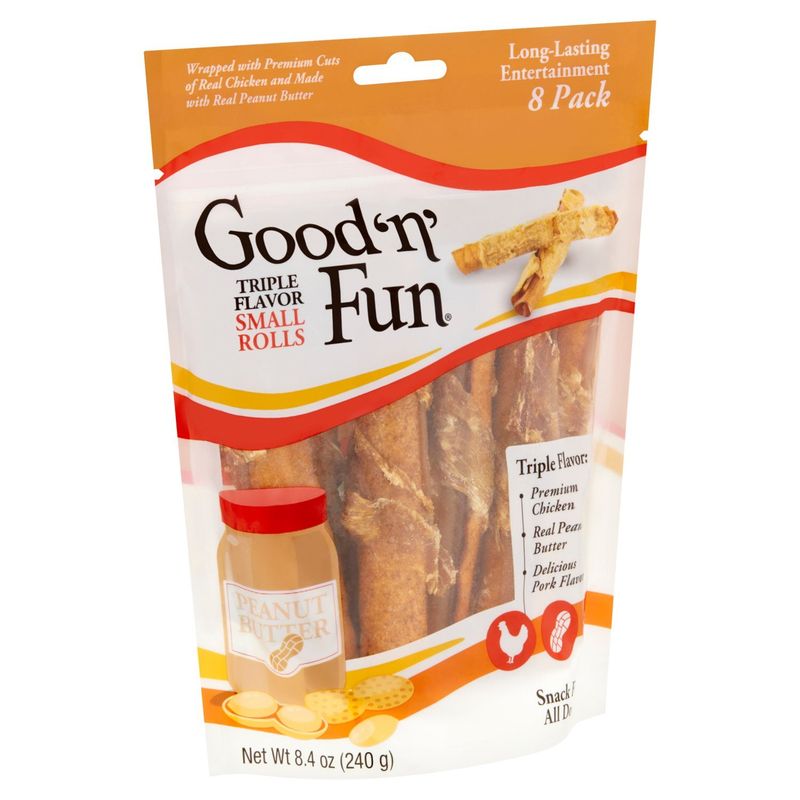 Good 'n' Fun Triple Flavor Small Rolls Snack for All Dogs, 8 count, 8.4 oz