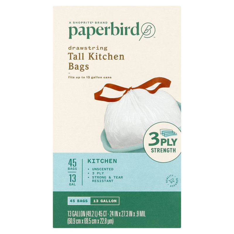Paperbird 13 Gallon Drawstring Tall Kitchen Bags, 45 count