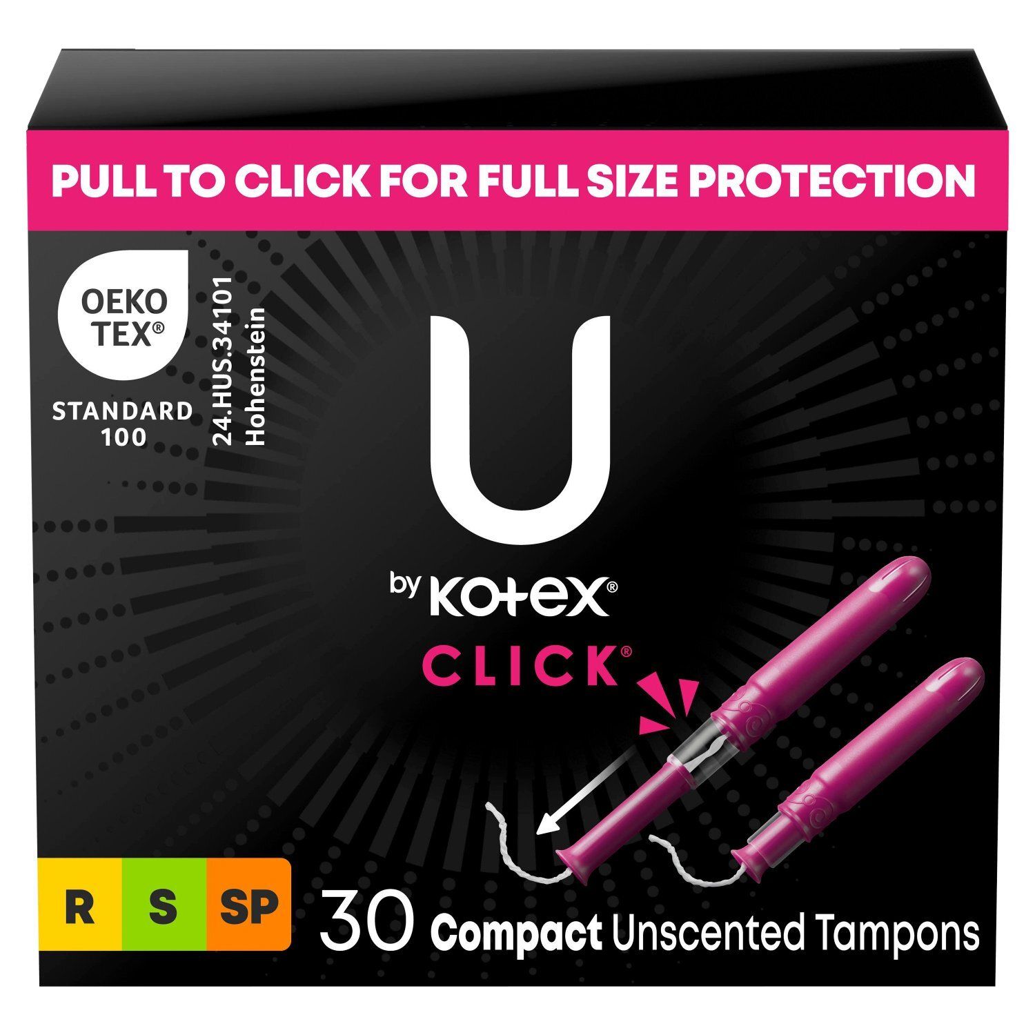 U by Kotex Click Regular, Super and Super Plus Compact Unscented Tampons, 30 count
