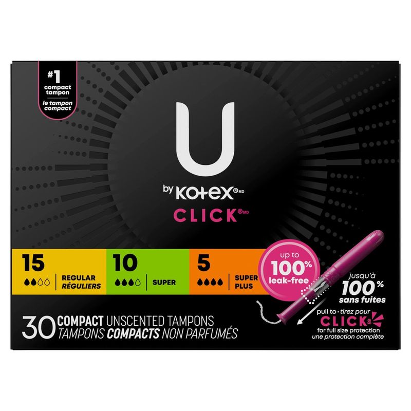 U by Kotex Click Regular, Super and Super Plus Compact Unscented Tampons, 30 count