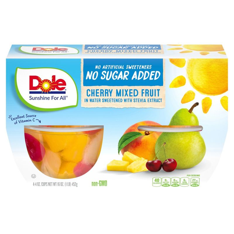 Dole Cherry Mixed Fruit in Water Sweetened with Stevia Extract, 4 oz, 4 count