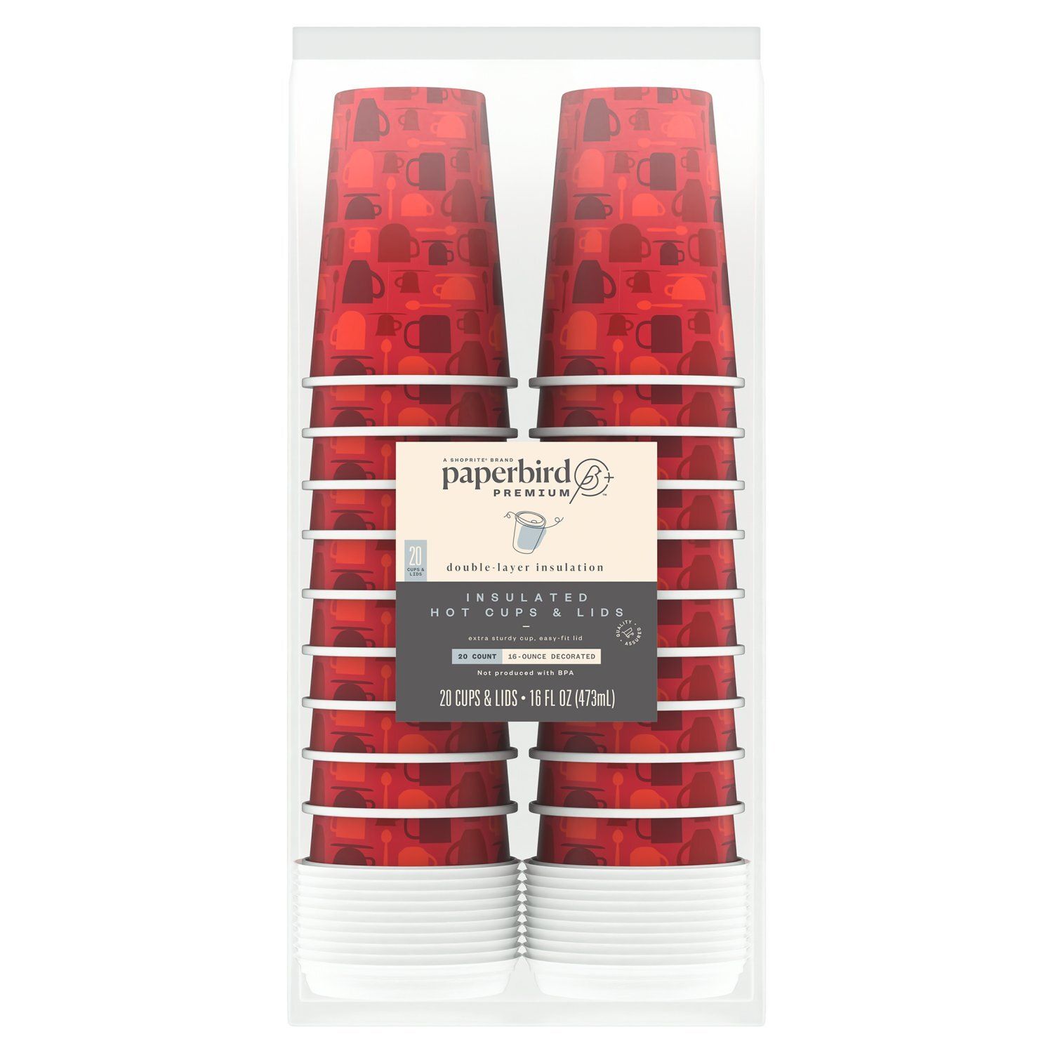 Paperbird Premium 16-Ounce Decorated and Insulated Hot Cups &amp; Lids, 20 count