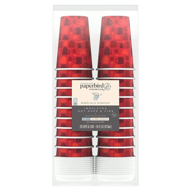 Paperbird Premium 16-Ounce Decorated and Insulated Hot Cups &amp; Lids, 20 count