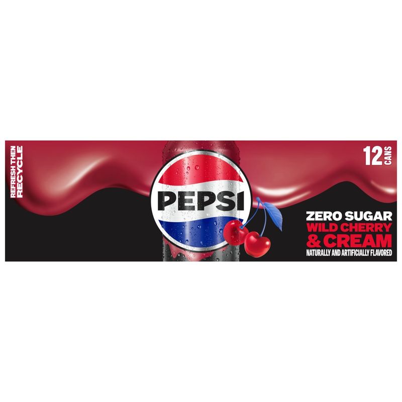 Pepsi Zero Sugar Soda Wild Cherry &amp; Cream 12 Fl Oz, 12 Count