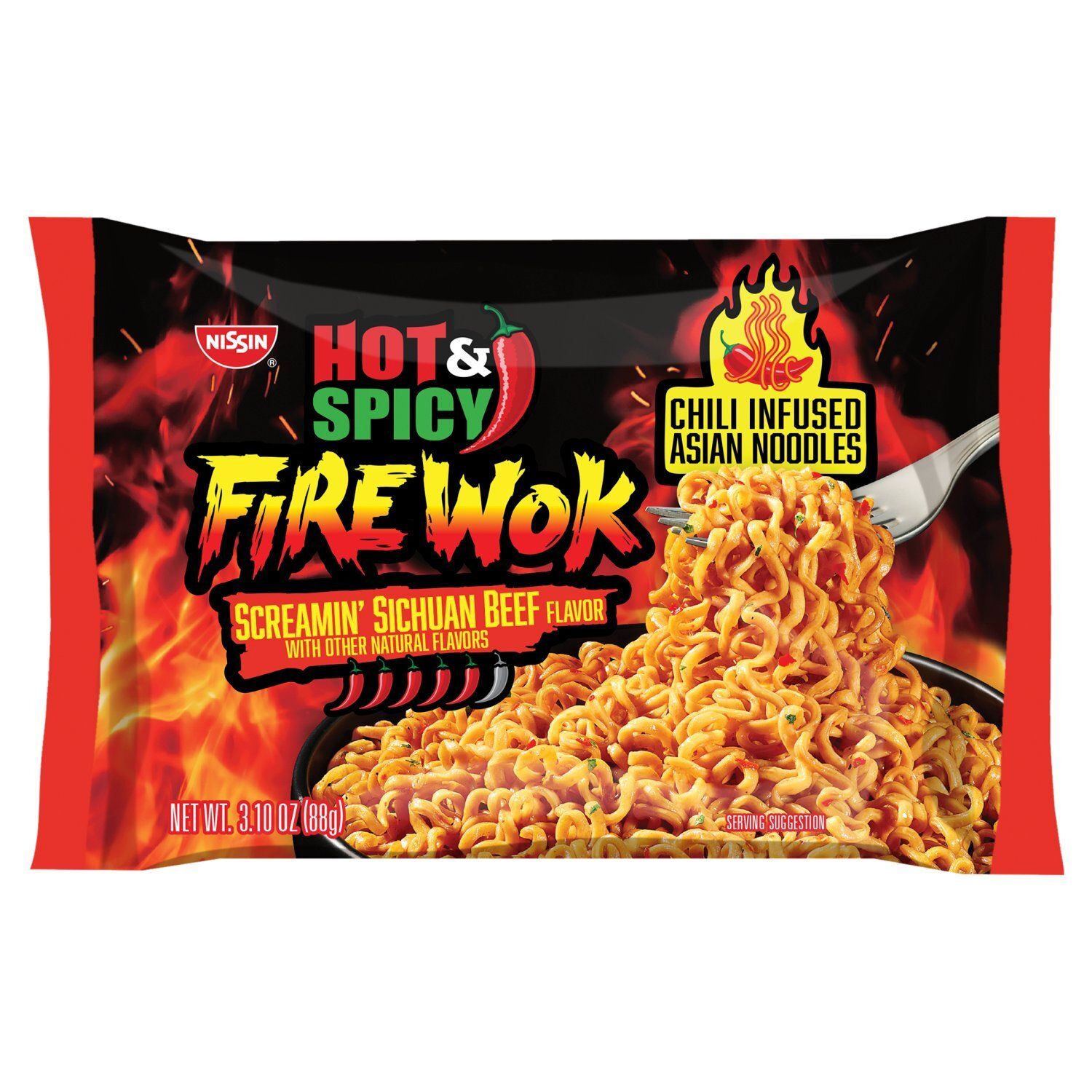 Nissin Hot &amp; Spicy Fire Wok Screamin' Sichuan Beef Flavor Chili Infused Asian Noodles, 3.10 oz