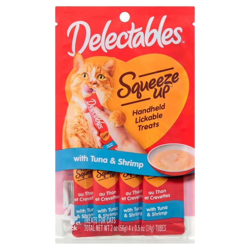 Delectables Squeeze Up Handheld Lickable with Tuna &amp; Shrimp Treats for Cats, 0.5 oz, 4 count