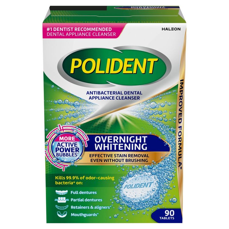 Polident Antibacterial Dental Appliance Cleanser Overnight Whitening Tablets, 90 count