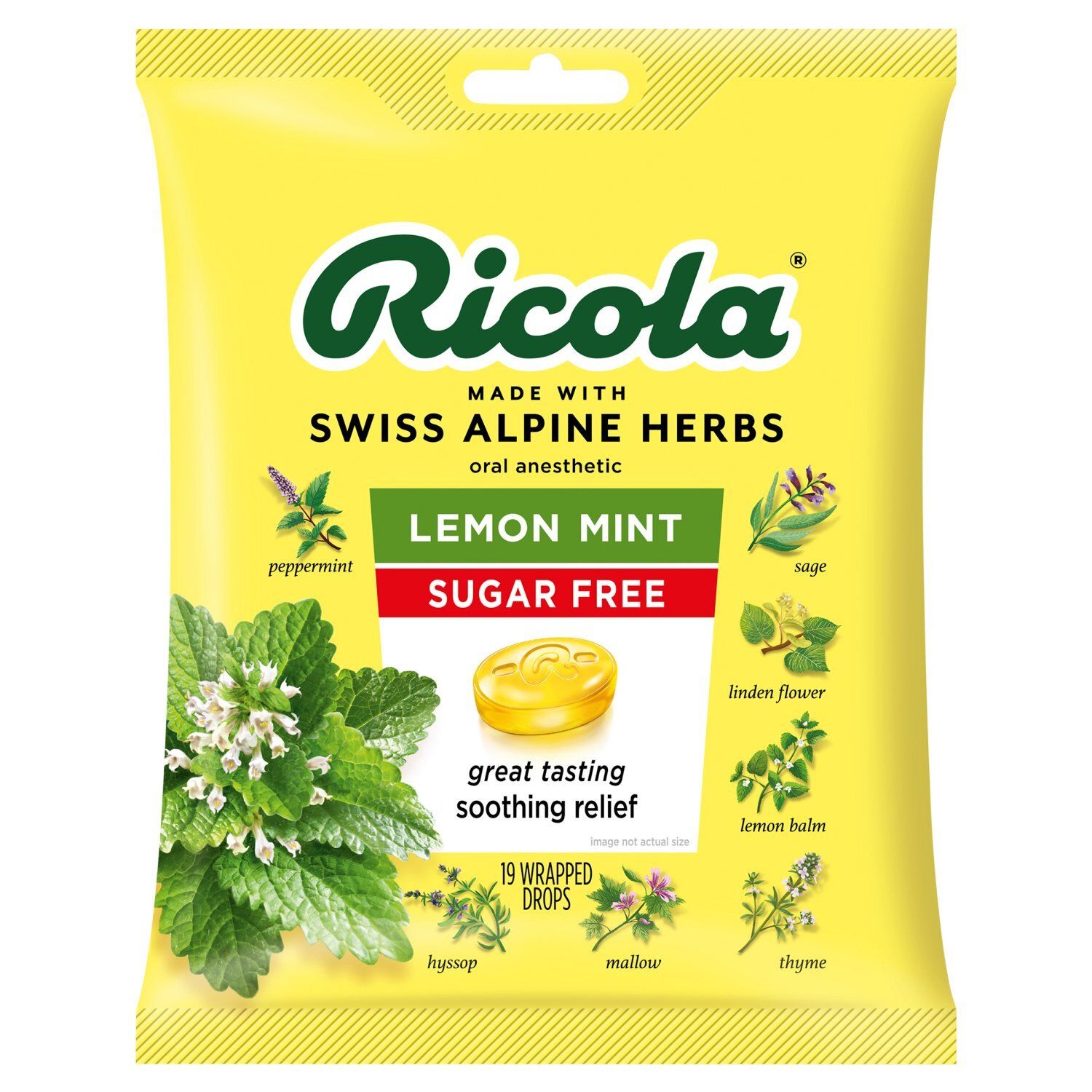 Ricola Sugar Free Lemon Mint Oral Anesthetic Drops, 19 count