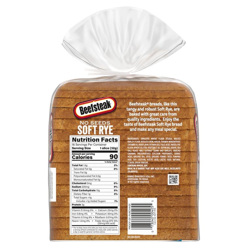 Beefsteak No Seeds Soft Rye Bread, 1lb, 2 oz