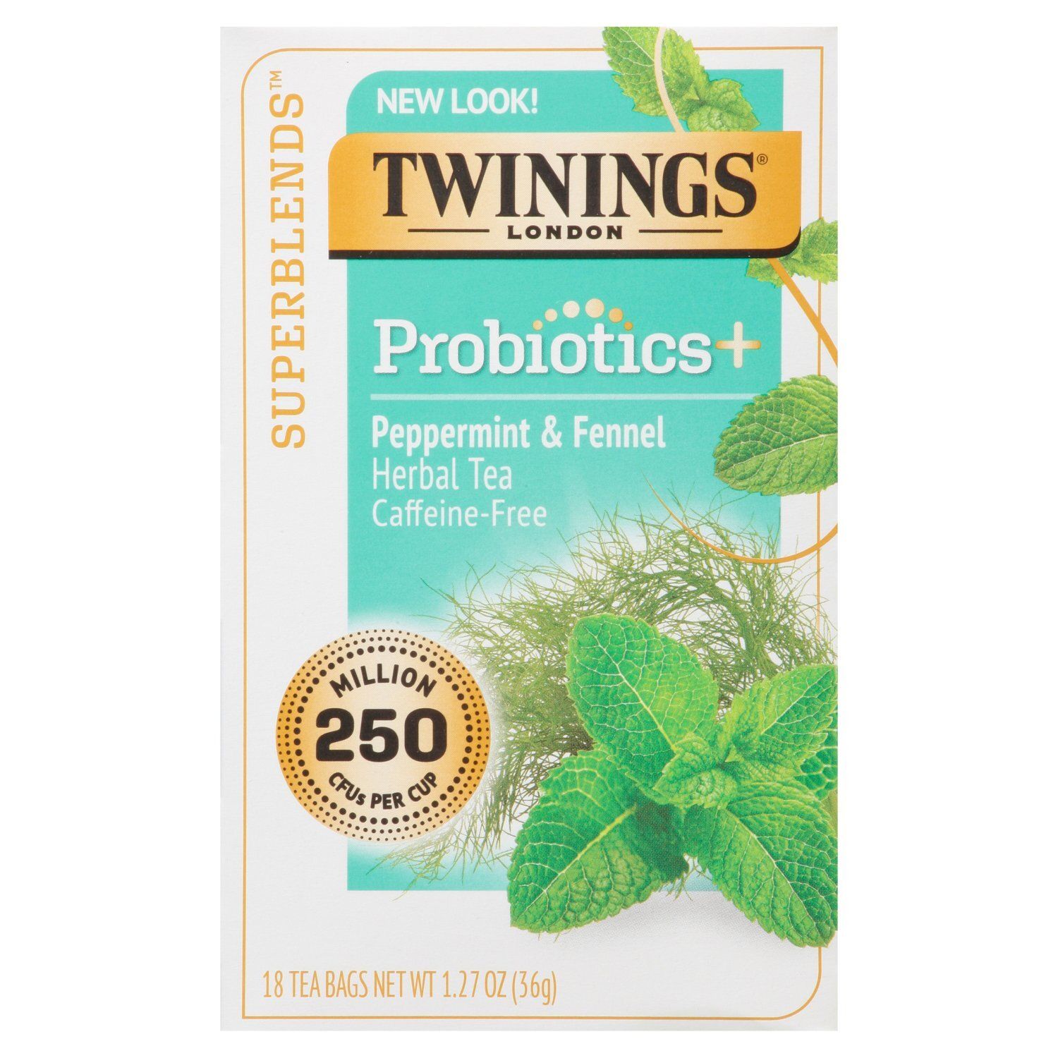 Twinings of London Superblends Probiotics+ Peppermint &amp; Fennel Herbal Tea Bags, 18 count, 1.27 oz