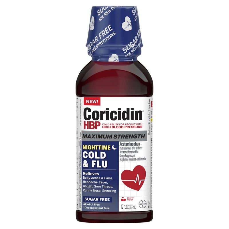 Coricidin HBP Sugar Free Maximum Strength Nighttime Cold &amp; Flu Cherry Flavor Liquid, 12 fl oz