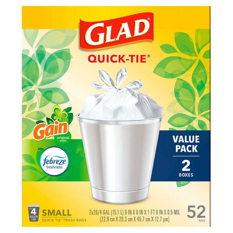 Glad Quick-Tie Small Trash Bags Value Pack, 52 count