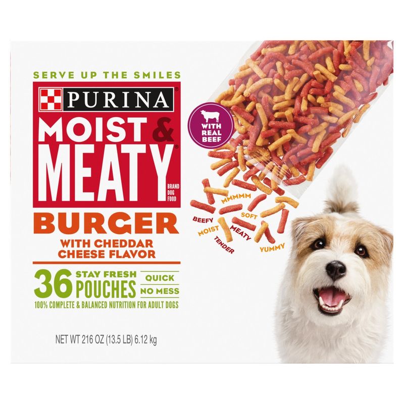 Purina Moist &amp; Meaty Dry Dog Food, Burger with Cheddar Cheese Flavor, 36 count, 216 oz