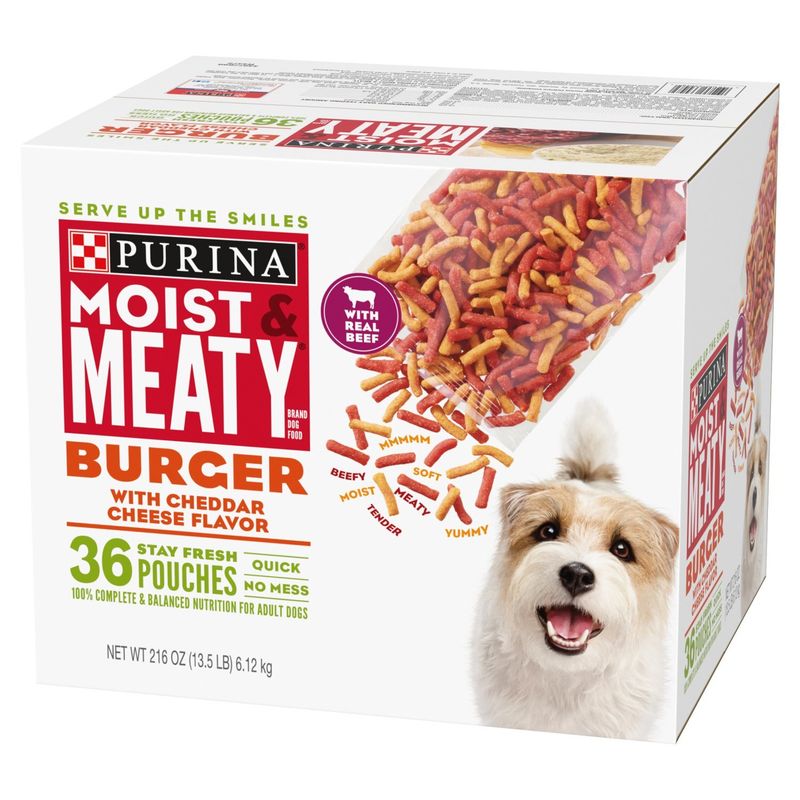 Purina Moist &amp; Meaty Dry Dog Food, Burger with Cheddar Cheese Flavor, 36 count, 216 oz