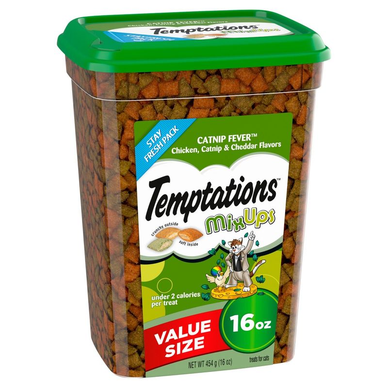 TEMPTATIONS MIXUPS Crunchy and Soft Cat Treats Catnip Fever Flavor, 16 oz. Tub