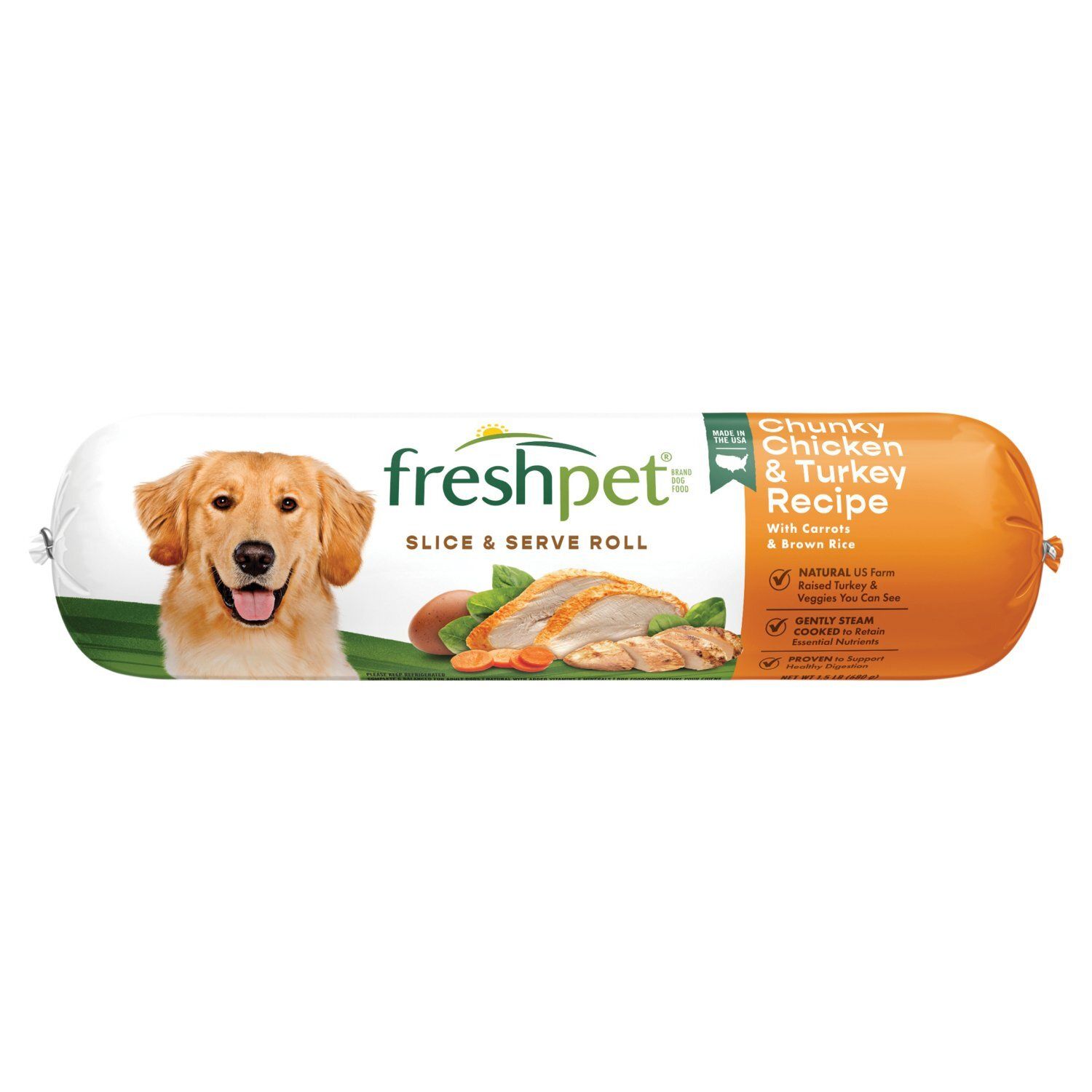 Freshpet Chunky Chicken &amp; Turkey Recipe with Carrots &amp; Brown Rice Slice &amp; Serve Roll Dog Food, 1.5 l