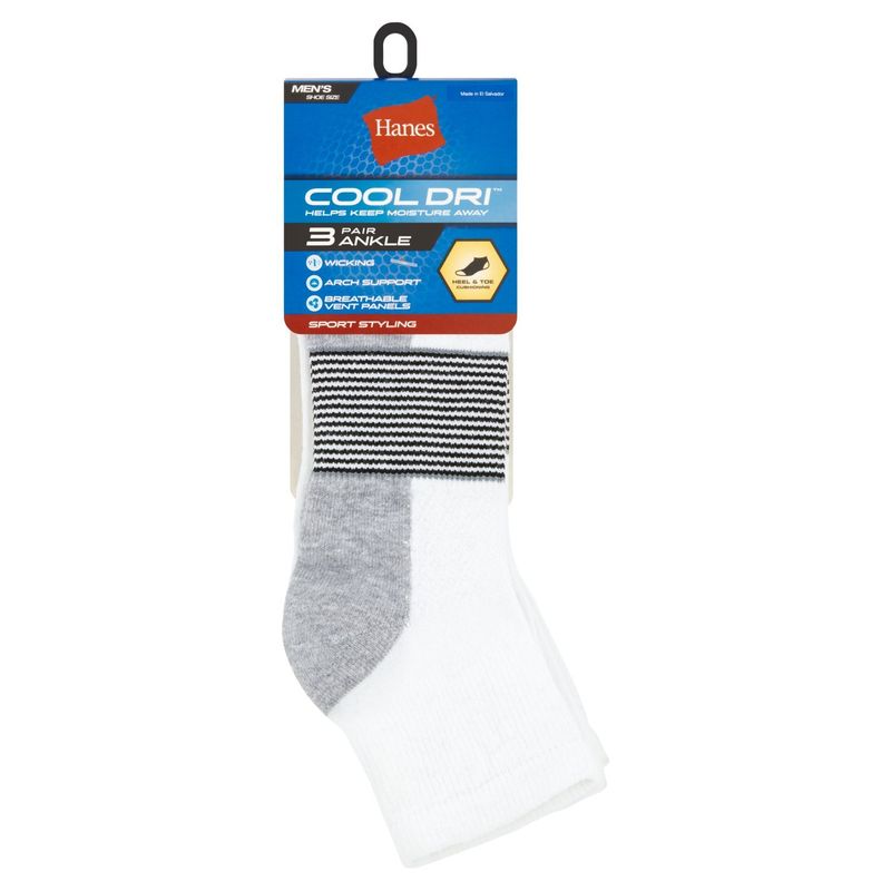 Hanes Cool Dri Men's Sport Styling Ankle Heel &amp; Toe Cushioning Socks, Shoe Size 6-12, 3 pair