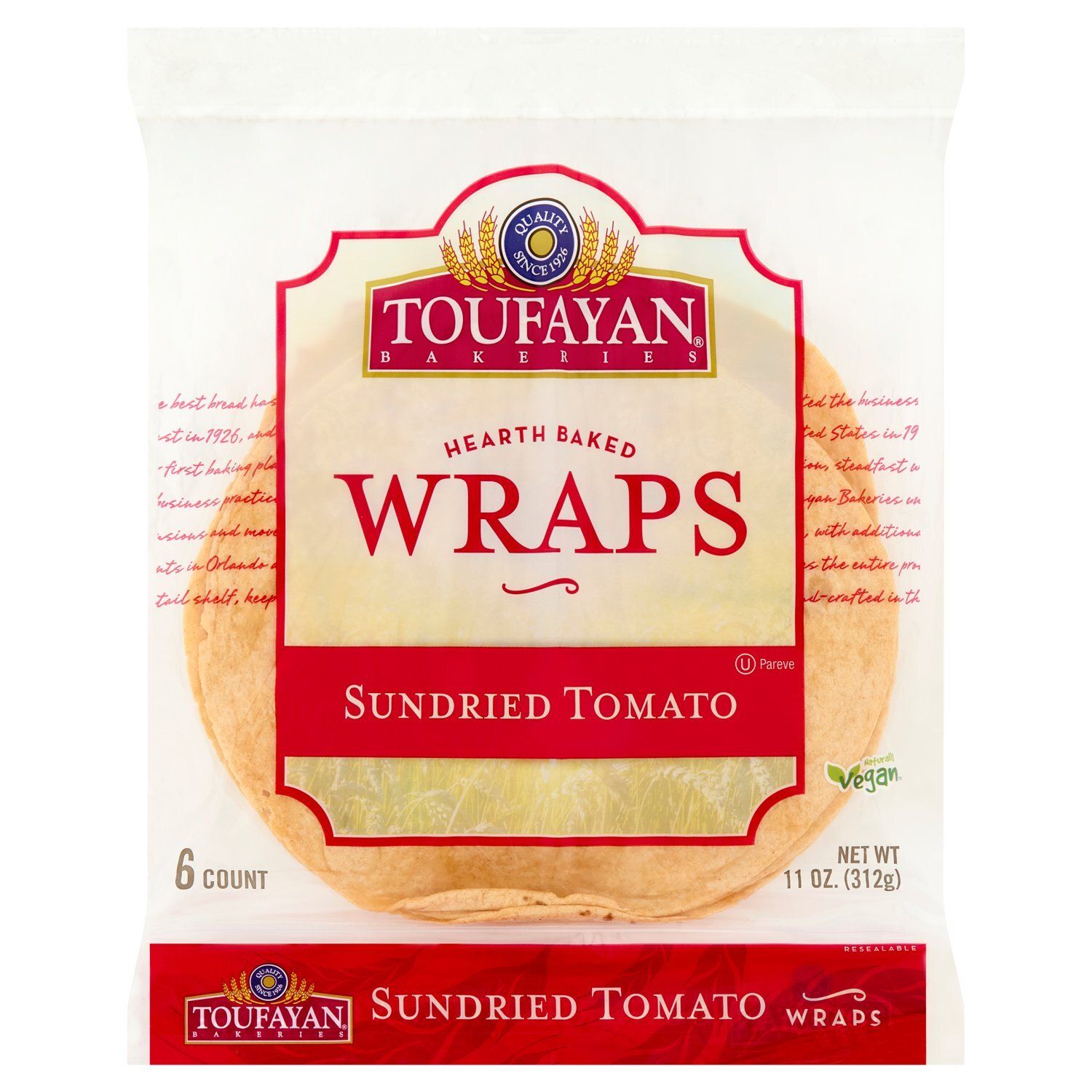 Toufayan Bakeries Hearth Baked Sundried Tomato Wraps, 6 count, 11 oz