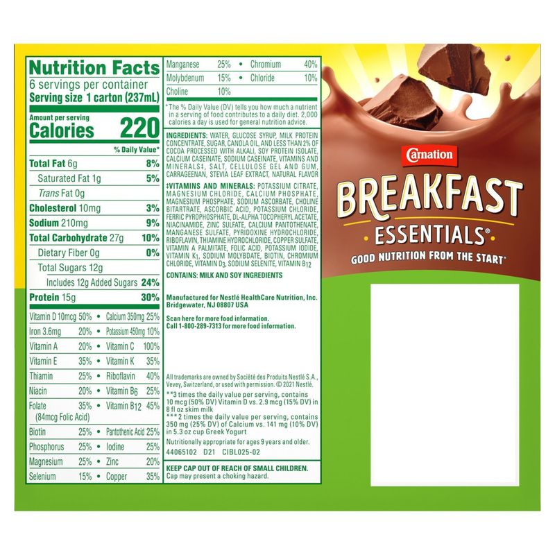 Carnation Breakfast Essentials Rich Milk Chocolate Nutritional Drink, 8 fl oz, 6 count
