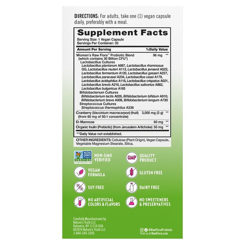 Nature's Truth Women's Care Raw Flora Probiotic-18 Probiotic Supplement, 33 count