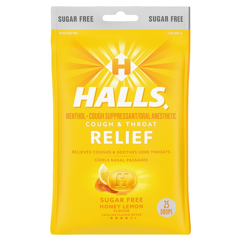 Halls Cough &amp; Throat Relief Sugar Free Honey Lemon Flavor Menthol Drops, 25 count