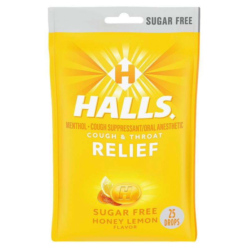 Halls Cough &amp; Throat Relief Sugar Free Honey Lemon Flavor Menthol Drops, 25 count