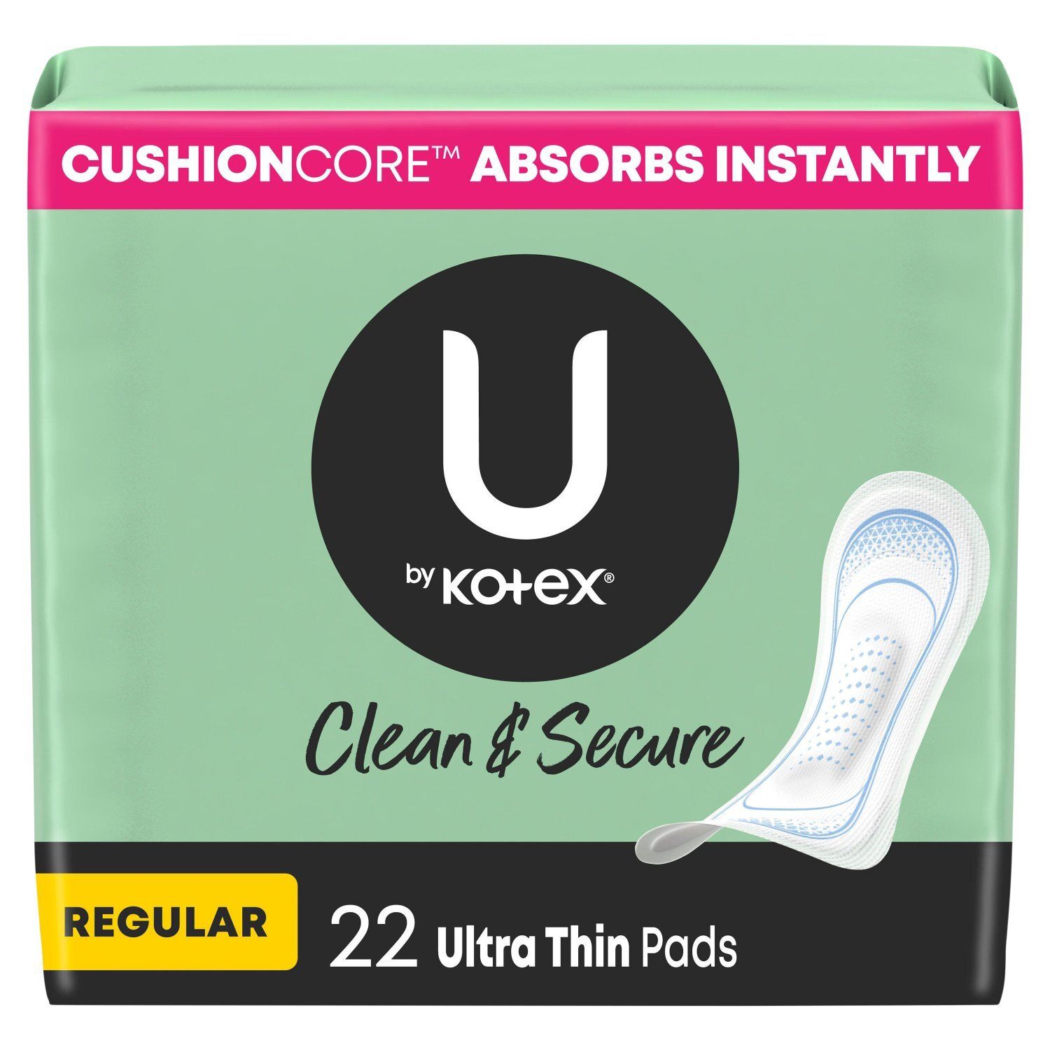 U by Kotex Clean &amp; Secure Regular Ultra Thin Pads, 22 count