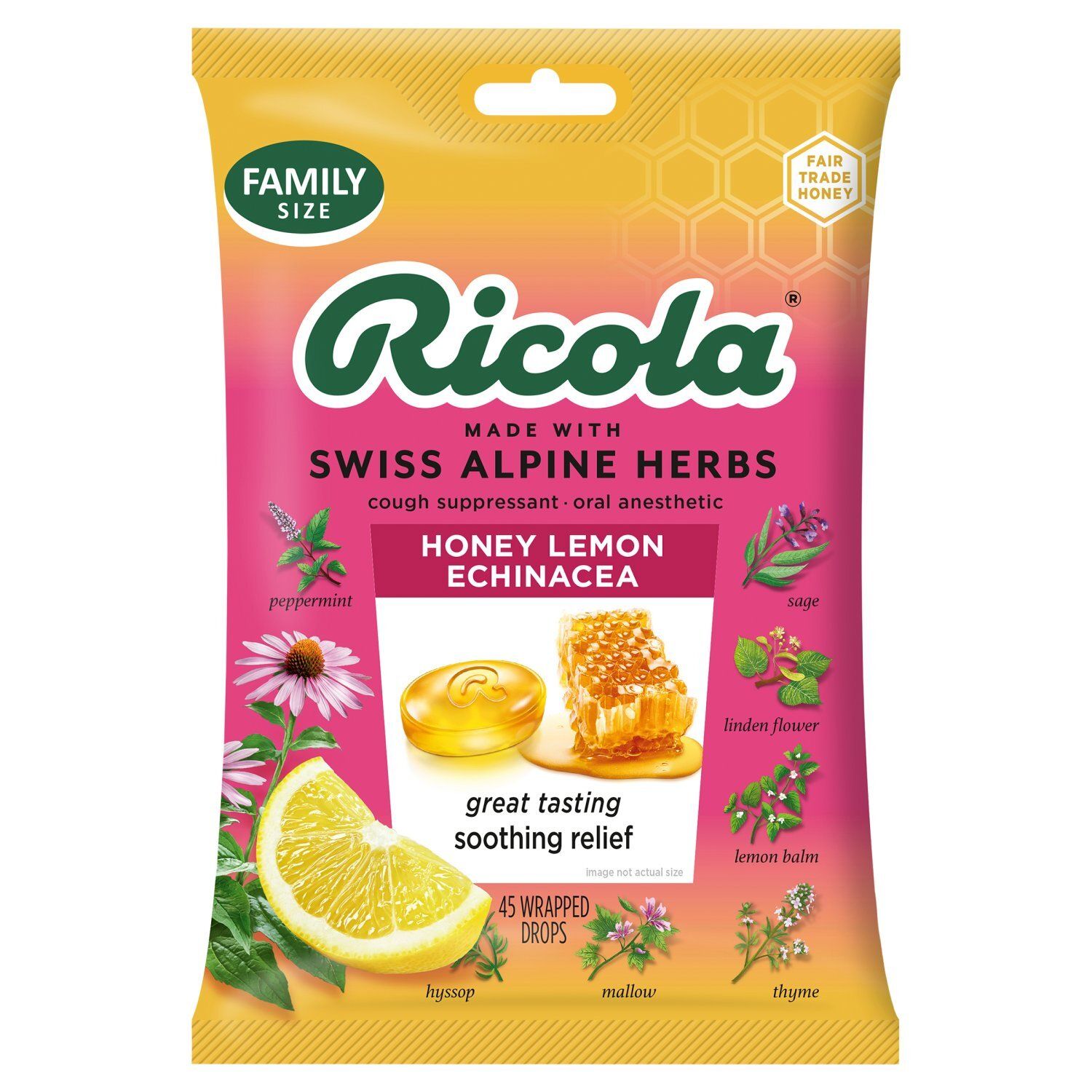 Ricola Honey Lemon Echinacea Cough Drops Family Size, 45 count
