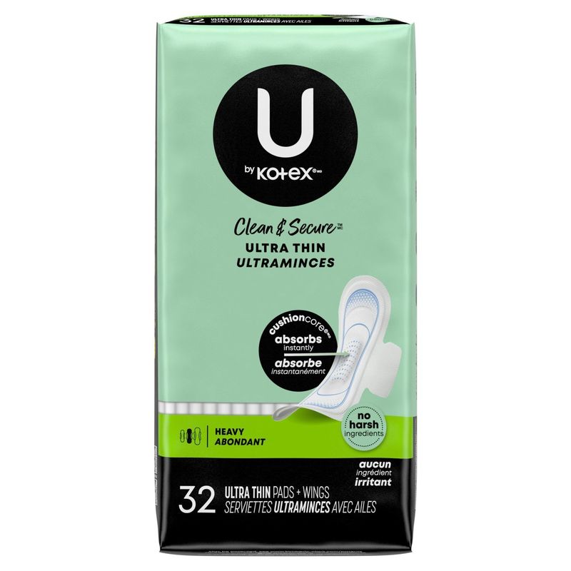 U by Kotex Clean &amp; Secure Heavy Ultra Thin Pads + Wings, 32 count