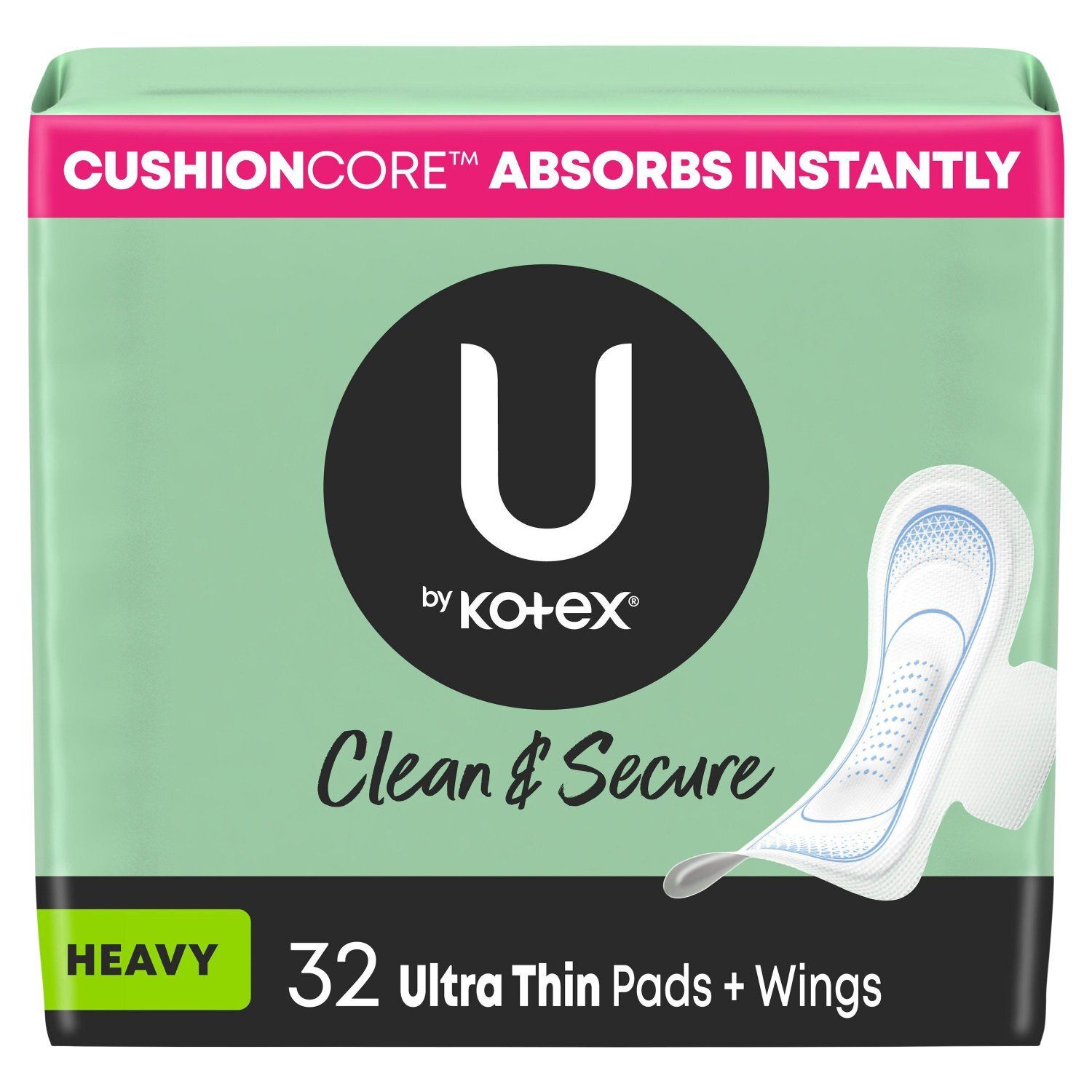 U by Kotex Clean &amp; Secure Heavy Ultra Thin Pads + Wings, 32 count