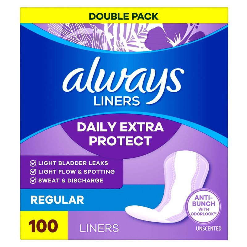 Always Daily Extra Protect Liners, Regular Length Length, Unscented Panty Liners, 100 Count